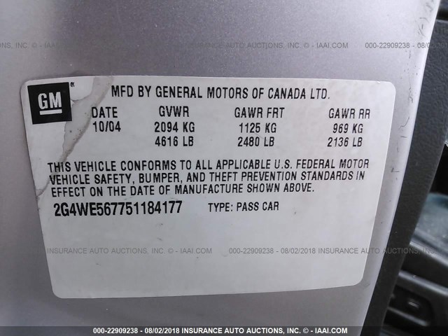 2G4WE567751184177 - 2005 BUICK LACROSSE CXS SILVER photo 9