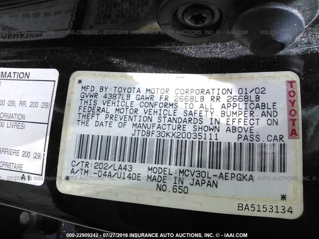 JTDBF30KX20035111 - 2002 TOYOTA CAMRY LE/XLE/SE Qara foto 9