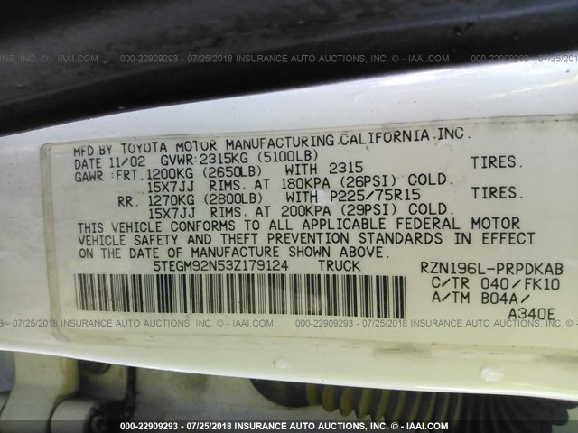 5TEGM92N53Z179124 - 2003 TOYOTA TACOMA DOUBLE CAB PRERUNNER WHITE photo 9