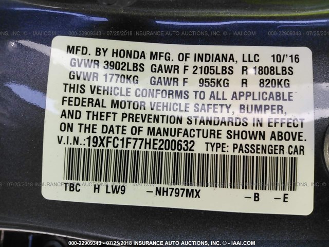 19XFC1F77HE200632 - 2017 HONDA CIVIC EXL 灰色 照片 9