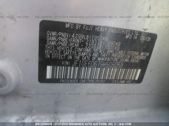 JF1GE60679H505058 - 2009 SUBARU IMPREZA 2.5I PREMIUM SILVER photo 9