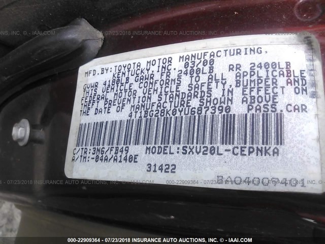 4T1BG28K0YU687390 - 2000 TOYOTA CAMRY CE/LE/XLE 栗色 照片 9