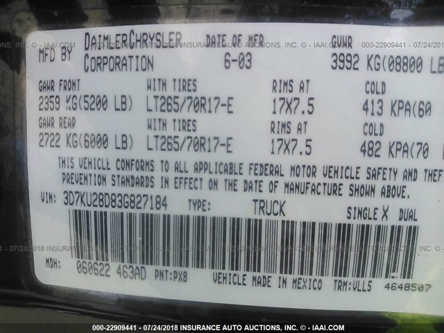 3D7KU28D83G827184 - 2003 DODGE RAM 2500 ST/SLT 黑色 照片 9