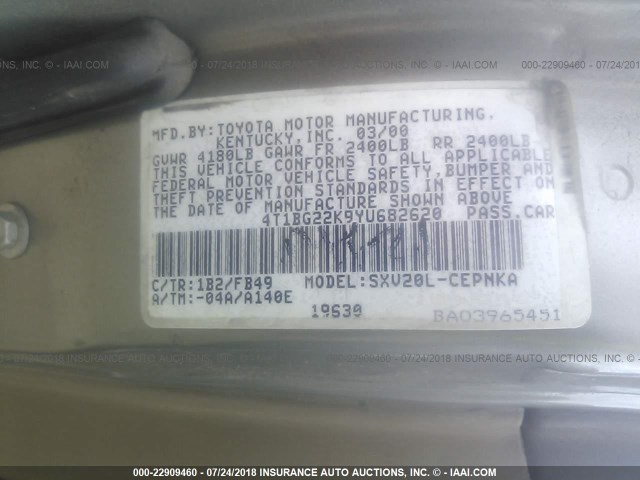 4T1BG22K9YU682620 - 2000 TOYOTA CAMRY CE/LE/XLE 绿色 照片 9