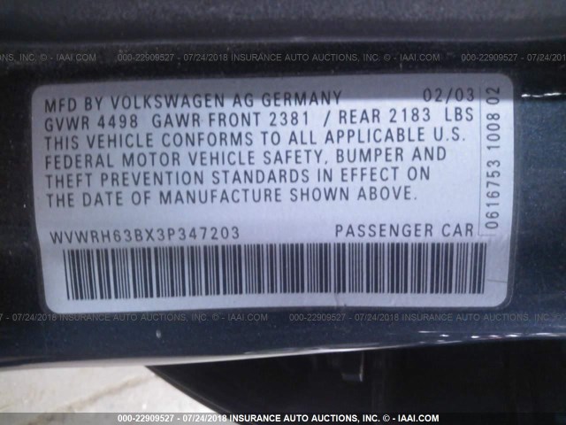 WVWRH63BX3P347203 - 2003 VOLKSWAGEN PASSAT GLX 灰色 照片 9