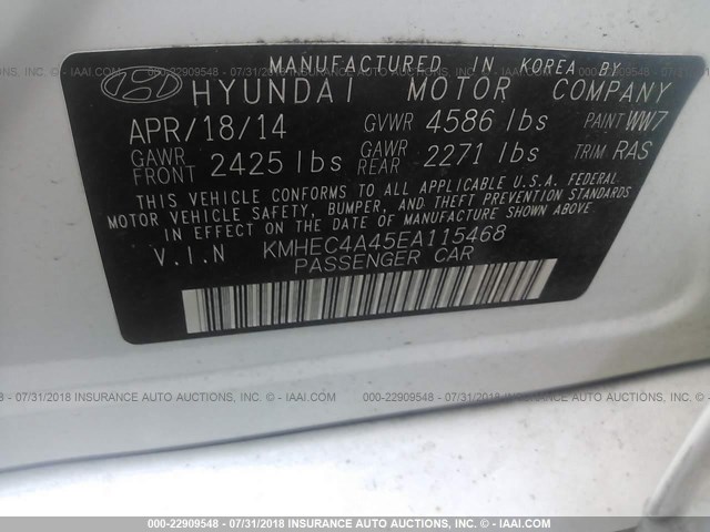 KMHEC4A45EA115468 - 2014 HYUNDAI SONATA HYBRID WHITE photo 9