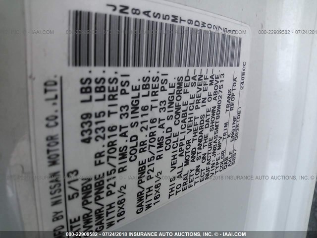 JN8AS5MT9DW027513 - 2013 NISSAN ROGUE S/SV 白色 照片 9