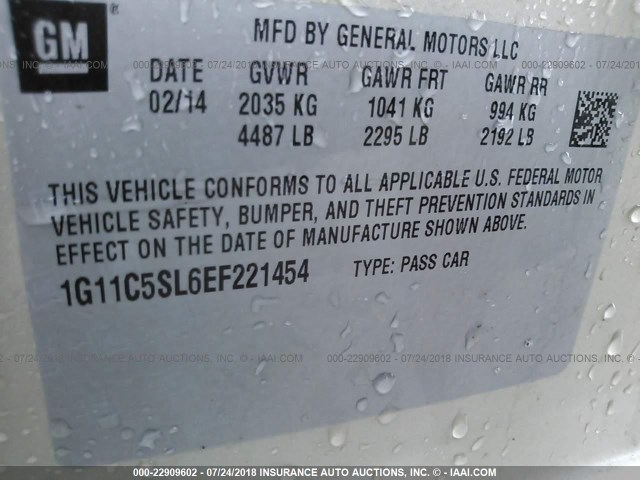 1G11C5SL6EF221454 - 2014 CHEVROLET MALIBU 1LT 金色 照片 9