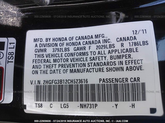 2HGFG3B12CH523616 - 2012 HONDA CIVIC EXL 黑色 照片 9