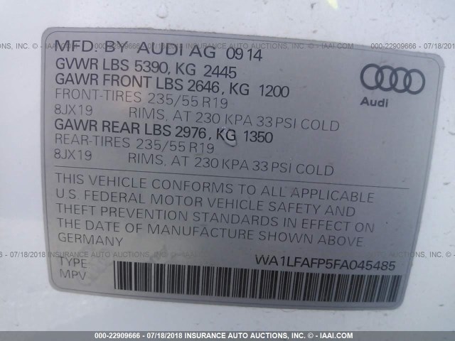 WA1LFAFP5FA045485 - 2015 AUDI Q5 PREMIUM PLUS WHITE photo 9