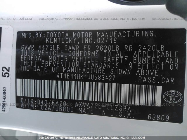 4T1B11HK1JU583427 - 2018 TOYOTA CAMRY L/LE/XLE/SE/XSE WHITE photo 9