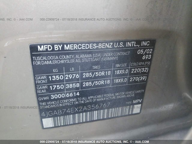 4JGAB74EX2A356767 - 2002 MERCEDES-BENZ ML 55 GOLD photo 9