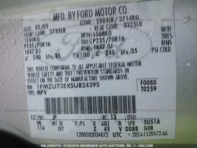 1FMZU73EX5UB24395 - 2005 FORD EXPLORER XLT/XLT SPORT/NBX 银色 照片 9