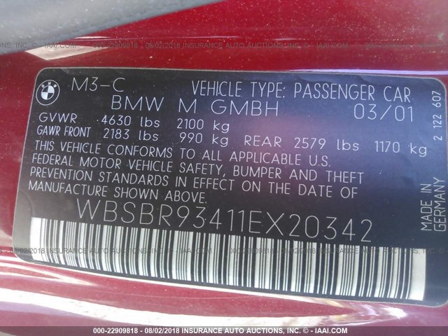 WBSBR93411EX20342 - 2001 BMW M3 CI RED photo 9