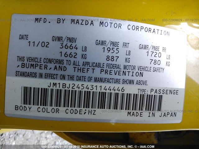 JM1BJ245431144446 - 2003 MAZDA PROTEGE PR5 YELLOW photo 9