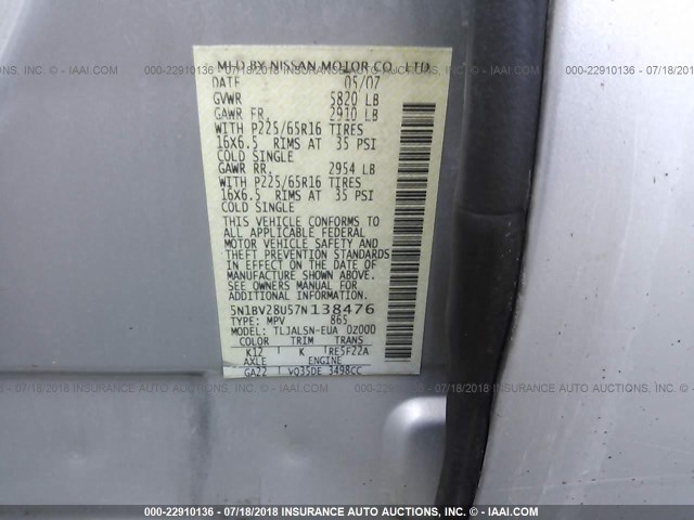 5N1BV28U57N138476 - 2007 NISSAN QUEST S/SE/SL SILVER photo 9