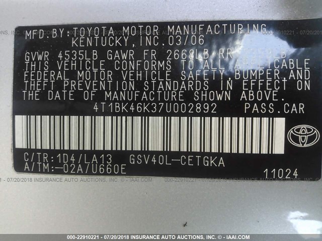 4T1BK46K37U002892 - 2007 TOYOTA CAMRY NEW GENERAT LE/XLE/SE SILVER photo 9