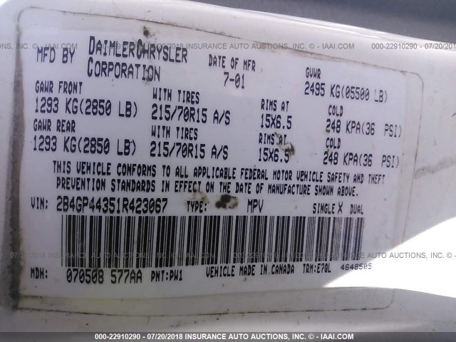 2B4GP44351R423067 - 2001 DODGE GRAND CARAVAN SPORT WHITE photo 9