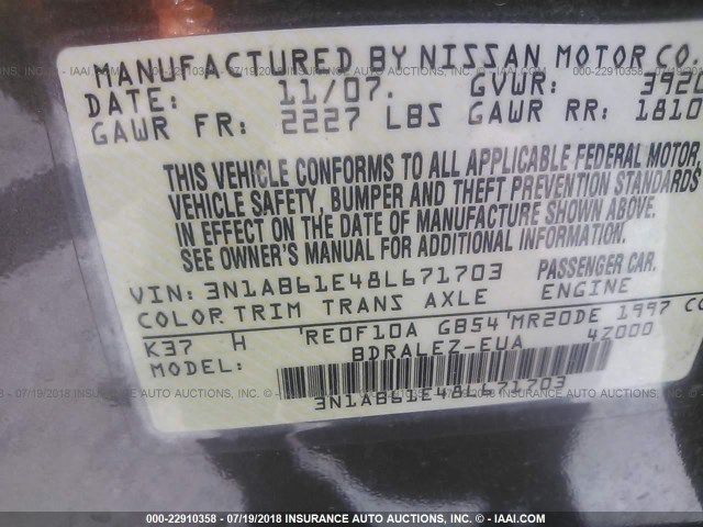 3N1AB61E48L671703 - 2008 NISSAN SENTRA 2.0/2.0S/2.0SL GRAY photo 9