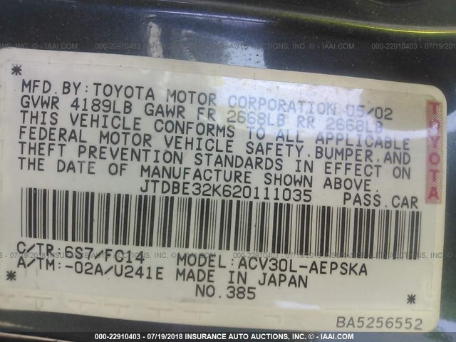 JTDBE32K620111035 - 2002 TOYOTA CAMRY LE/XLE/SE ლურჯი ფოტო 9