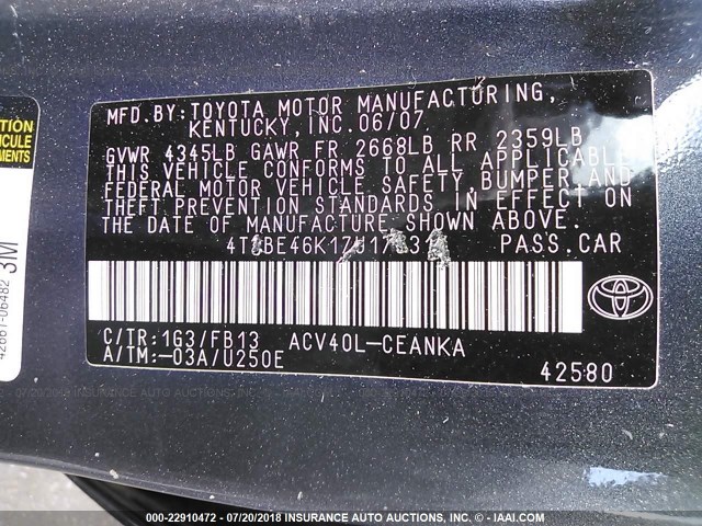 4T1BE46K17U175317 - 2007 TOYOTA CAMRY NEW GENERAT CE/LE/XLE/SE BLACK photo 9