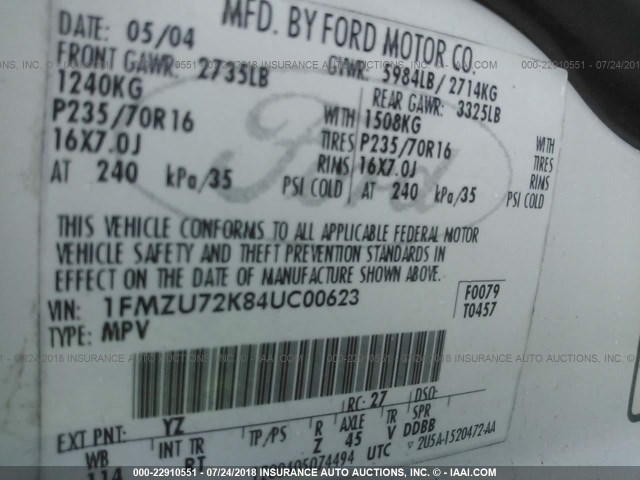 1FMZU72K84UC00623 - 2004 FORD EXPLORER XLS/XLS SPORT WHITE photo 9