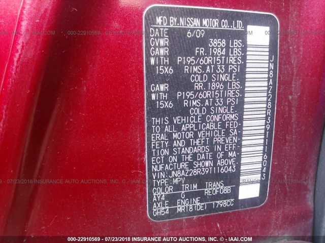 JN8AZ28R39T116043 - 2009 NISSAN CUBE S/SL RED photo 9