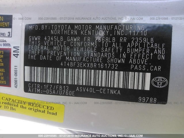 4T4BF3EKXBR161732 - 2011 TOYOTA CAMRY SE/LE/XLE SILVER photo 9