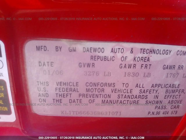 KL1TD66636B631071 - 2006 CHEVROLET AVEO LS RED photo 9