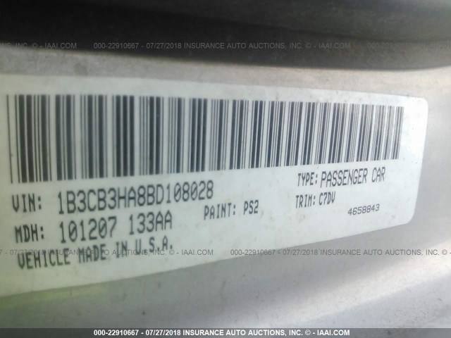 1B3CB3HA8BD108028 - 2011 DODGE CALIBER MAINSTREET SILVER photo 9