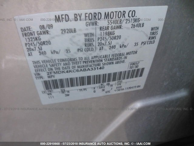 2FMDK4KC6ABA33140 - 2010 FORD EDGE LIMITED SILVER photo 9