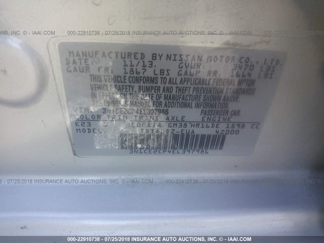 3N1CE2CP4EL397986 - 2014 NISSAN VERSA NOTE S/S PLUS/SV/SL SILVER photo 9