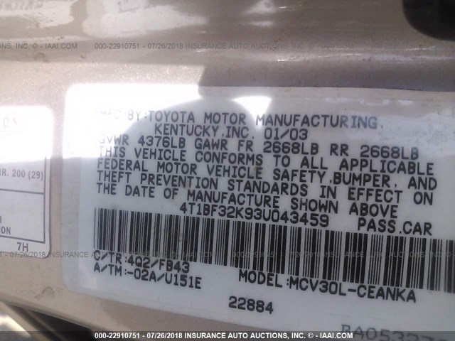 4T1BF32K93U043459 - 2003 TOYOTA CAMRY LE/XLE/SE Qızıl foto 9