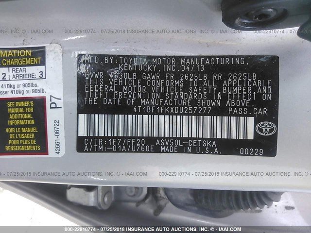 4T1BF1FKXDU257277 - 2013 TOYOTA CAMRY L/SE/LE/XLE ვერცხლისფერი ფოტო 9