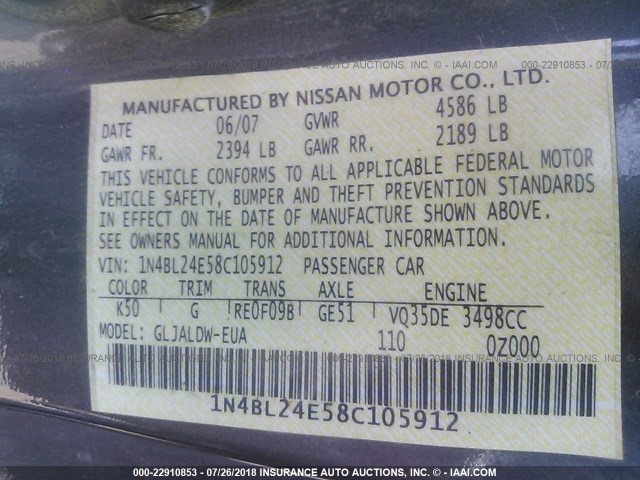 1N4BL24E58C105912 - 2008 NISSAN ALTIMA 3.5SE GRAY photo 9