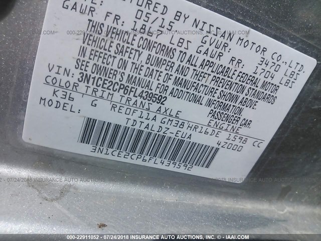 3N1CE2CP6FL439592 - 2015 NISSAN VERSA NOTE S/S PLUS/SV/SL/SR SILVER photo 9