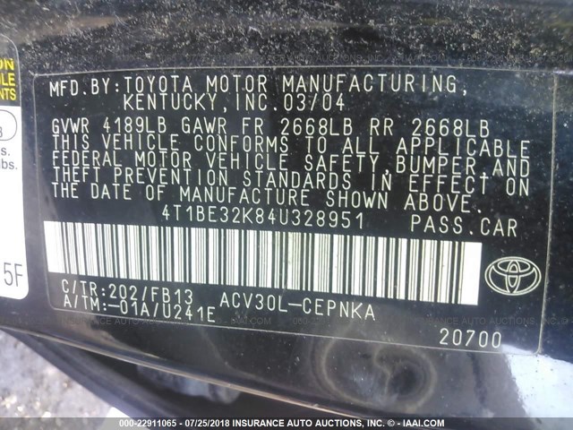 4T1BE32K84U328951 - 2004 TOYOTA CAMRY LE/XLE/SE Қара фото 9