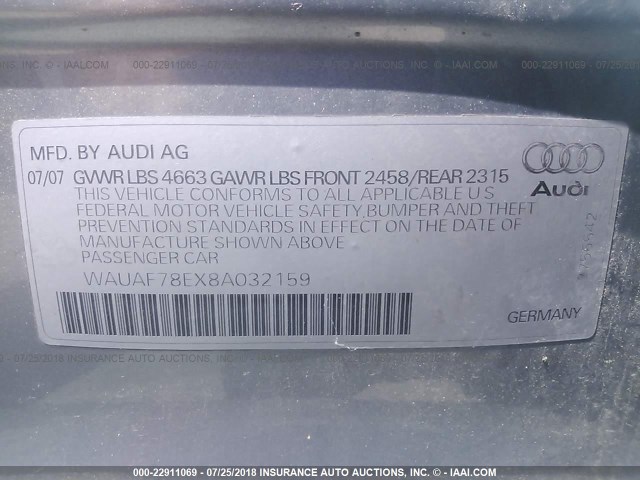 WAUAF78EX8A032159 - 2008 AUDI A4 2.0T SILVER photo 9