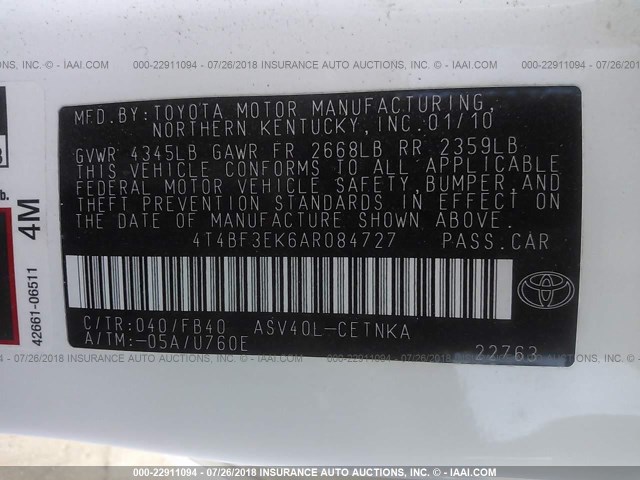 4T4BF3EK6AR084727 - 2010 TOYOTA CAMRY SE/LE/XLE WHITE photo 9