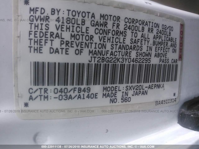 JT2BG22K3Y0462295 - 2000 TOYOTA CAMRY CE/LE/XLE 白色 照片 9