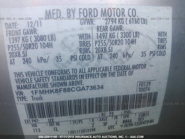 1FMHK8F88CGA73634 - 2012 FORD EXPLORER LIMITED SILVER photo 9