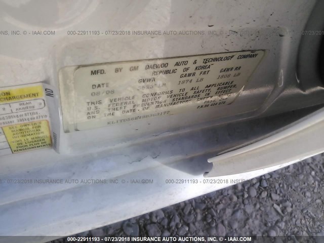 KL1TD56E49B369177 - 2009 CHEVROLET AVEO LS/LT 白色 照片 9