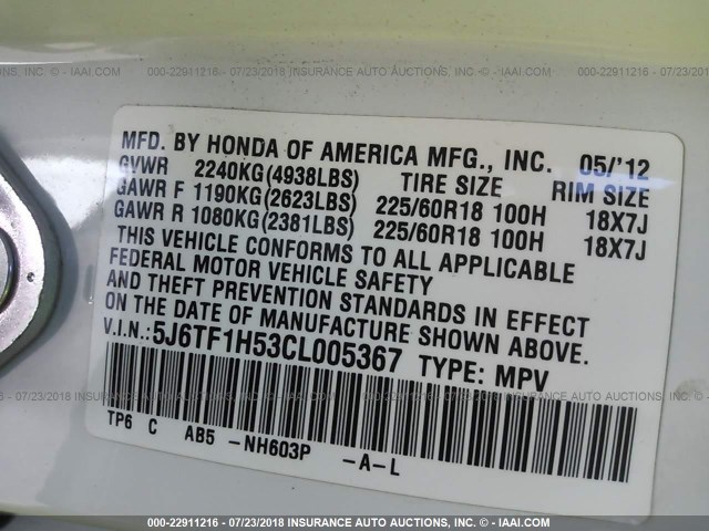 5J6TF1H53CL005367 - 2012 HONDA CROSSTOUR EXL თეთრი ფოტო 9
