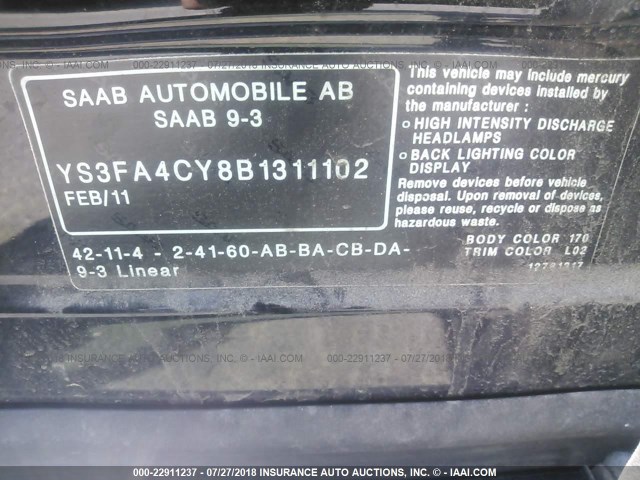 YS3FA4CY8B1311102 - 2011 SAAB 9-3 2.0T BLACK photo 9