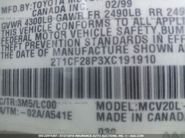 2T1CF28P3XC191910 - 1999 TOYOTA CAMRY SOLARA SE/SLE ვერცხლისფერი ფოტო 9