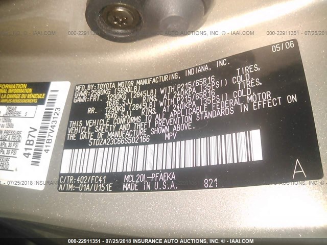 5TDZA23C66S502166 - 2006 TOYOTA SIENNA CE/LE GOLD photo 9