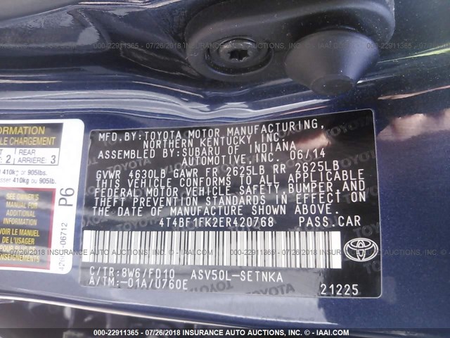 4T4BF1FK2ER420768 - 2014 TOYOTA CAMRY L/SE/LE/XLE 蓝色 照片 9