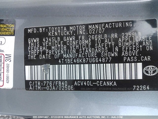 4T1BE46K87U664877 - 2007 TOYOTA CAMRY NEW GENERAT CE/LE/XLE/SE GRAY photo 9