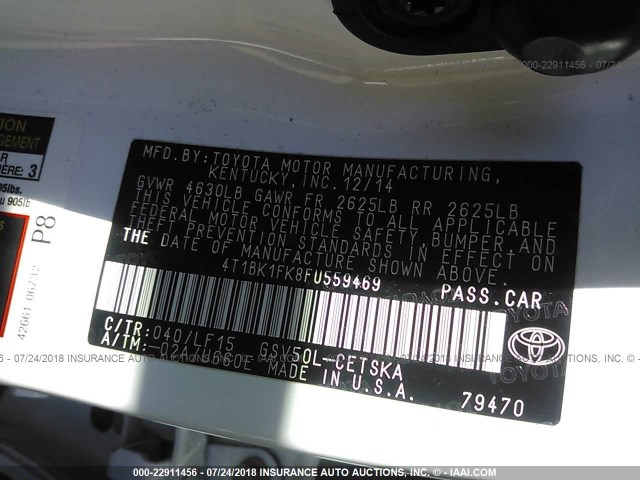 4T1BK1FK8FU559469 - 2015 TOYOTA CAMRY XSE/XLE Ağ foto 9