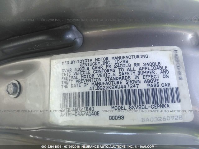 4T1BG22K2XU447247 - 1999 TOYOTA CAMRY CE/LE/XLE 棕色 照片 9